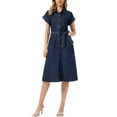 thumbnail image 2 of INSPIRE CHIC Women's Denim Casual Button Down Short Sleeves Belted Midi Dress XS Black Blue, 2 of 6