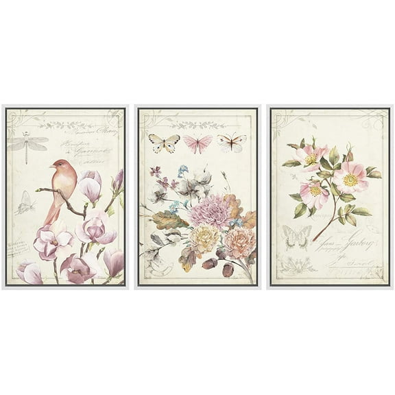 wall26 Framed Canvas Print Wall Art Set Bird, Butterfly & Roses with Typography Animals Wildlife Watercolor Modern Art Rustic Colorful Pastel for Living Room, Bedroom, Office - 16"x24"x