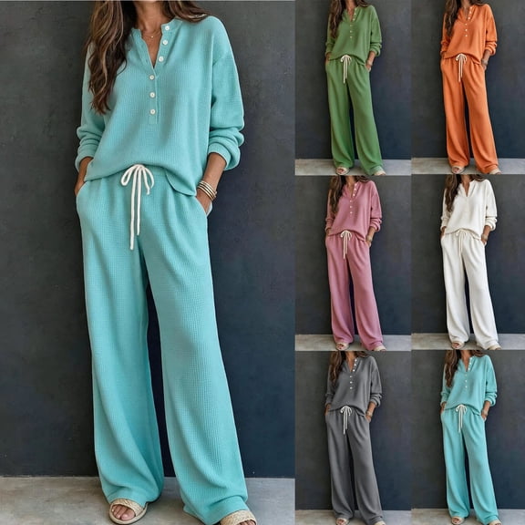 Women's Waffle Knit 2 Piece Tracksuit Outfit Henley Long Sleeve Top and Drawstring Wide Leg Pants Soft Comfy Loungewear Casual Travel Vacation Streetwear Set White