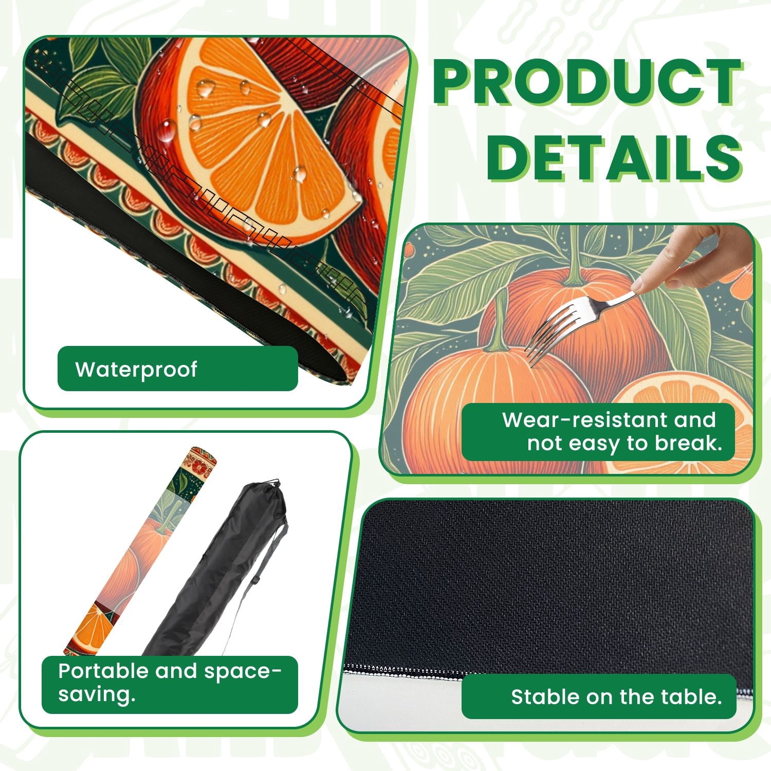 Mahjong Mat 31.5" x 31.5" Vintage Orange Fruit Leaves Flowers Retro Botanical Style Non-Slip Noise Reduction American Mahjong Tiles Table Cover for Dominoes Poker Card Board Games Gift