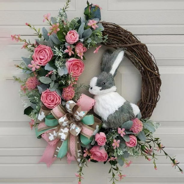 Couronne De Porte Lapin De Pâques Printanière - Décoration Artificielle Intérieur Extérieur