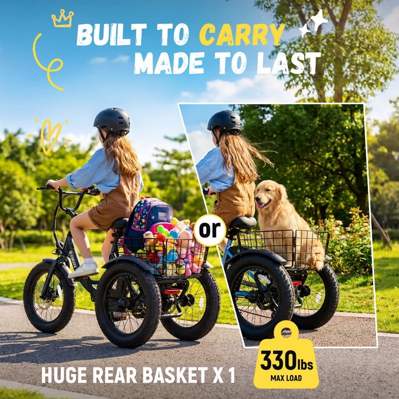 ESKUTE T300mini Electric Tricycle for Beginners, 16" x 3.0 Fat Tire Folding 3-Wheel E-Bike, 500W Peak Motor, 302Wh Battery, Step-Thru, 12.5 MPH, Black with Lock，Phonebag and mirror, UL2849
