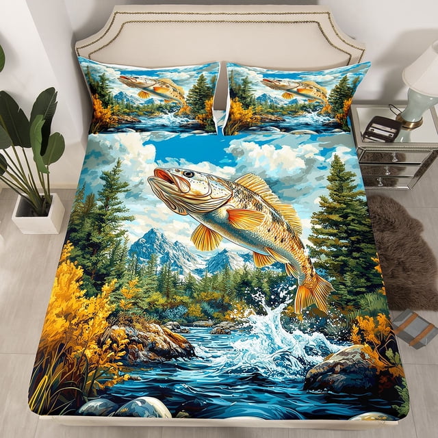 Erosebridal Pike Fish Print Fitted Sheet Full, Nature River Tree Mountain Bedding Set Full Size, Countryside Decorative 3 Pieces (No Top Sheet)
