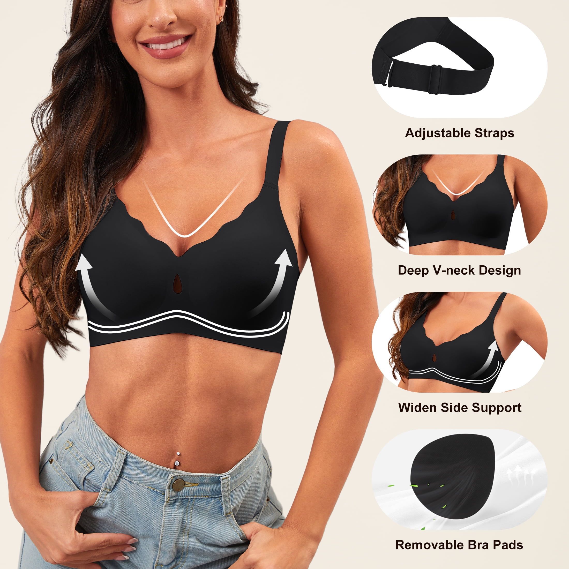 Qylux Wireless Bras for Women - No Underwire Push Up Bra, Seamless Full Coverage Bralette, Comfort Lift Support, Soft Everyday T-Shirt Bra Pack of 2