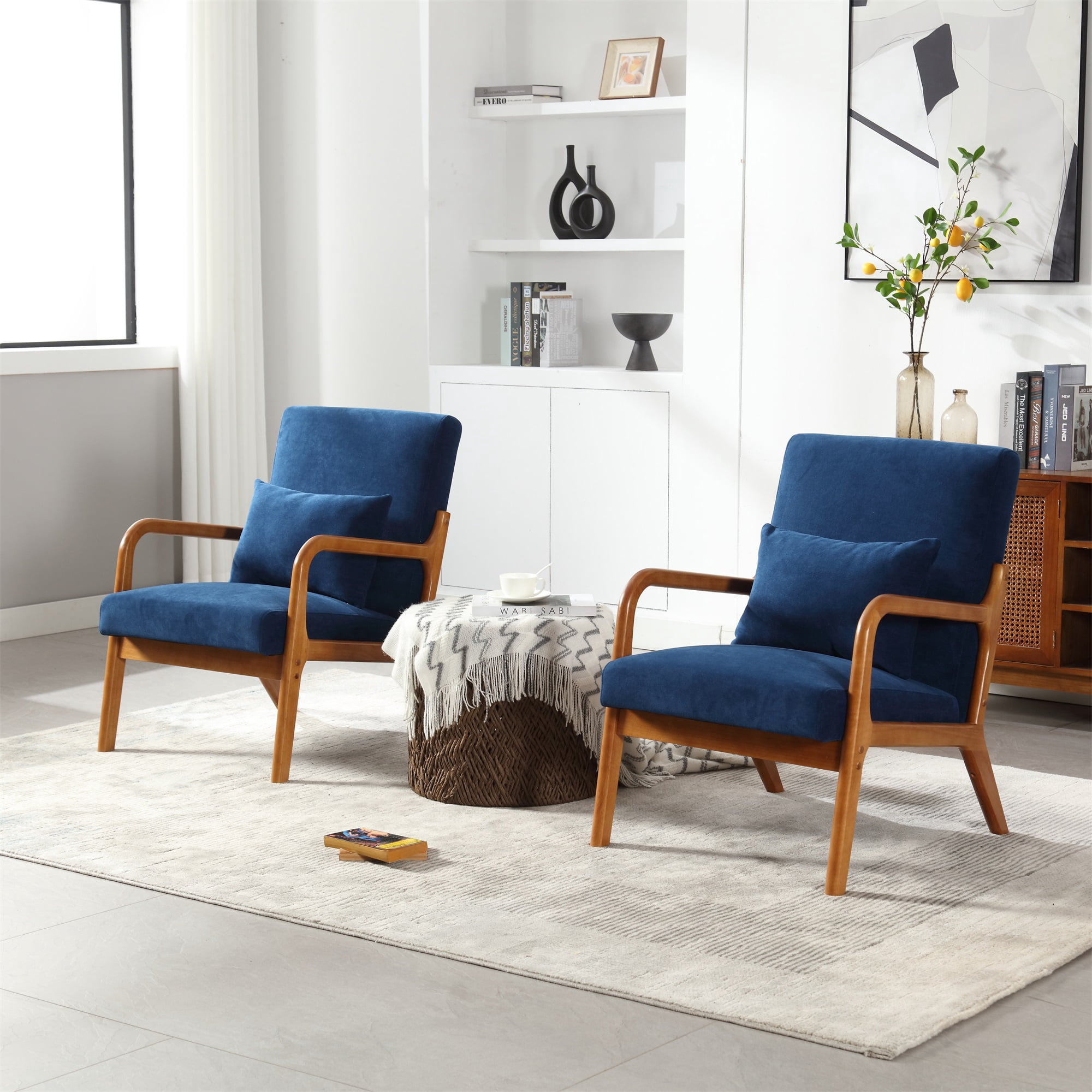 Miniyam Modern Velvet Accent Chair, Solid Wood Lounge Reading Armchair With One Pillow for Living Room, Bedroom, Guest Room, Navy
