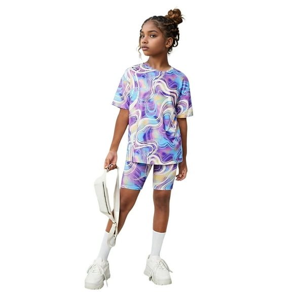 Hienoo Toddler Girls Outfits Abstract Print Short Sleeve T Shirt Shorts Set, Sizes 1-8