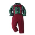 thumbnail image 2 of hotojiny Toddler Boys 3 Piece Plaid Outfit Long Sleeve Button down Shirt Adjustable Suspender Pants with Bow Tie Set Kids Christmas(Green,6-12 Months), 2 of 9