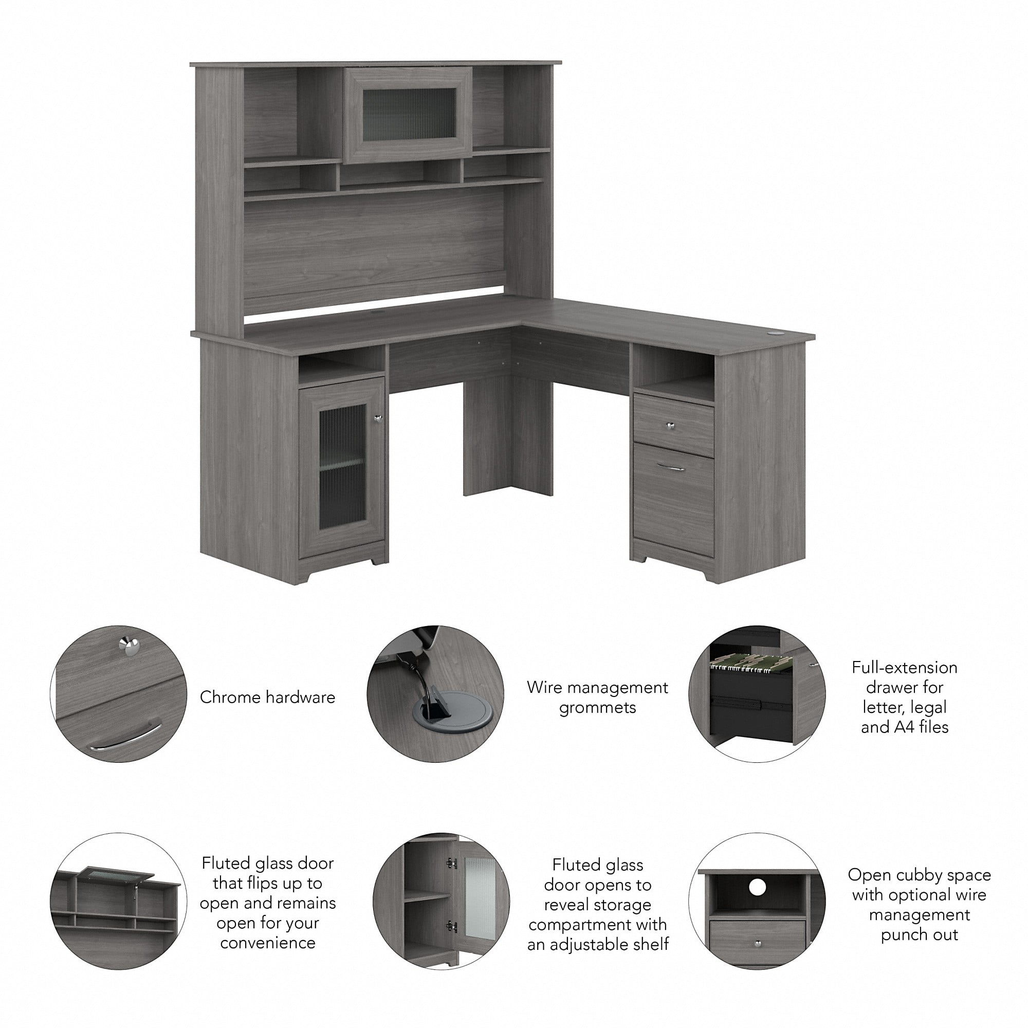 Bush Furniture Cabot 60" L Desk and Hutch with Storage, Modern Gray