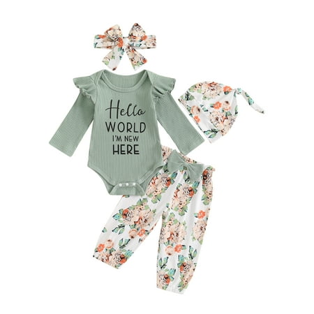 

I3CKIZCE Baby Girls Fall Outfit Long Sleeve Letters Print Romper Flower Print Pants Headband Hat Clothing Set