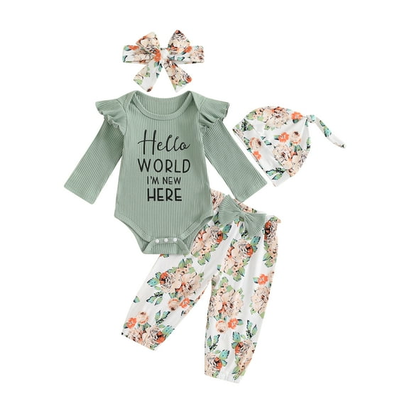 Newborn Baby Girl Coming Home Outfit Hello World I'm New Here Romper Ruffle Long Sleeve Bodysuit Long Pants Headband Hat 4Pcs Fall Clothes Set