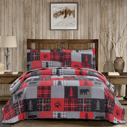 ARL HOME Quilt Set King Size Rustic Bedding Red Plaid Patchwork Quilt Forest Bear Bedding Lodge Cabin Bedspread Coverlet Lightweight Reversible Microfiber Quilt