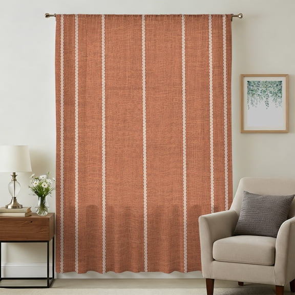 Burnt Orange Striped Sheer Curtains 72 Inches Long, Farmhouse Linen Texture Line Stripes Light Filering Curtains, Breathable Simi Curtain Privacy Drapes for Living Room Bedroom Window Treatment