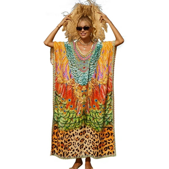 Edolynsa Bohemian Print Kaftan Plus Size Bathing Suit Cover Up for Women Elegant Beach Dress Loose Loungewear