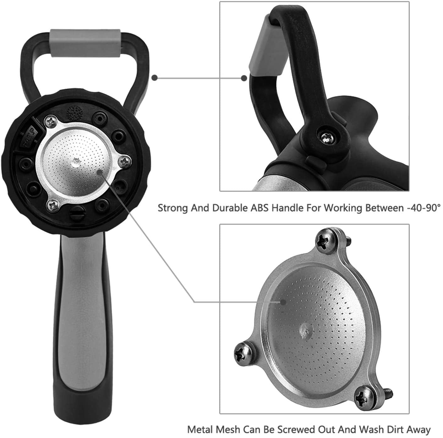 GREEN MOUNT New Patent Garden Hose Nozzle, Heavy Duty Water Nozzle, High Pressure Fireman Style Nozzle with Ergonomic Handle for Women and Children to Water Lawn and Garden, Black Grey