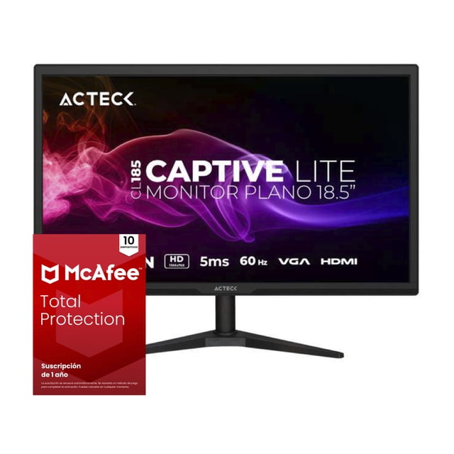 MONITOR PLANO ACTECK 18.5" CAPTIVE LITE CL185 HD, 1366x768, 60HZ , VGA, HDMI 1.4 + MCAFEE 10 DISPOSITIVOS