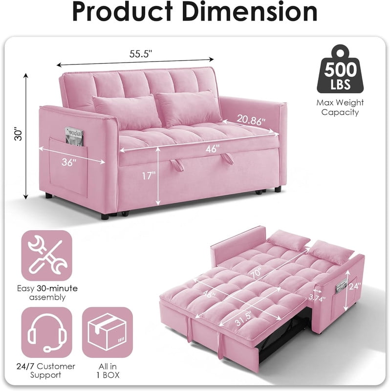 3 in 1 Convertible Sleeper Sofa Bed, 55" Modern Loveseat Pull Out Couch with Adjustable Reclining Backrest & Side Pockets, Velvet Loveseat for Living Room
