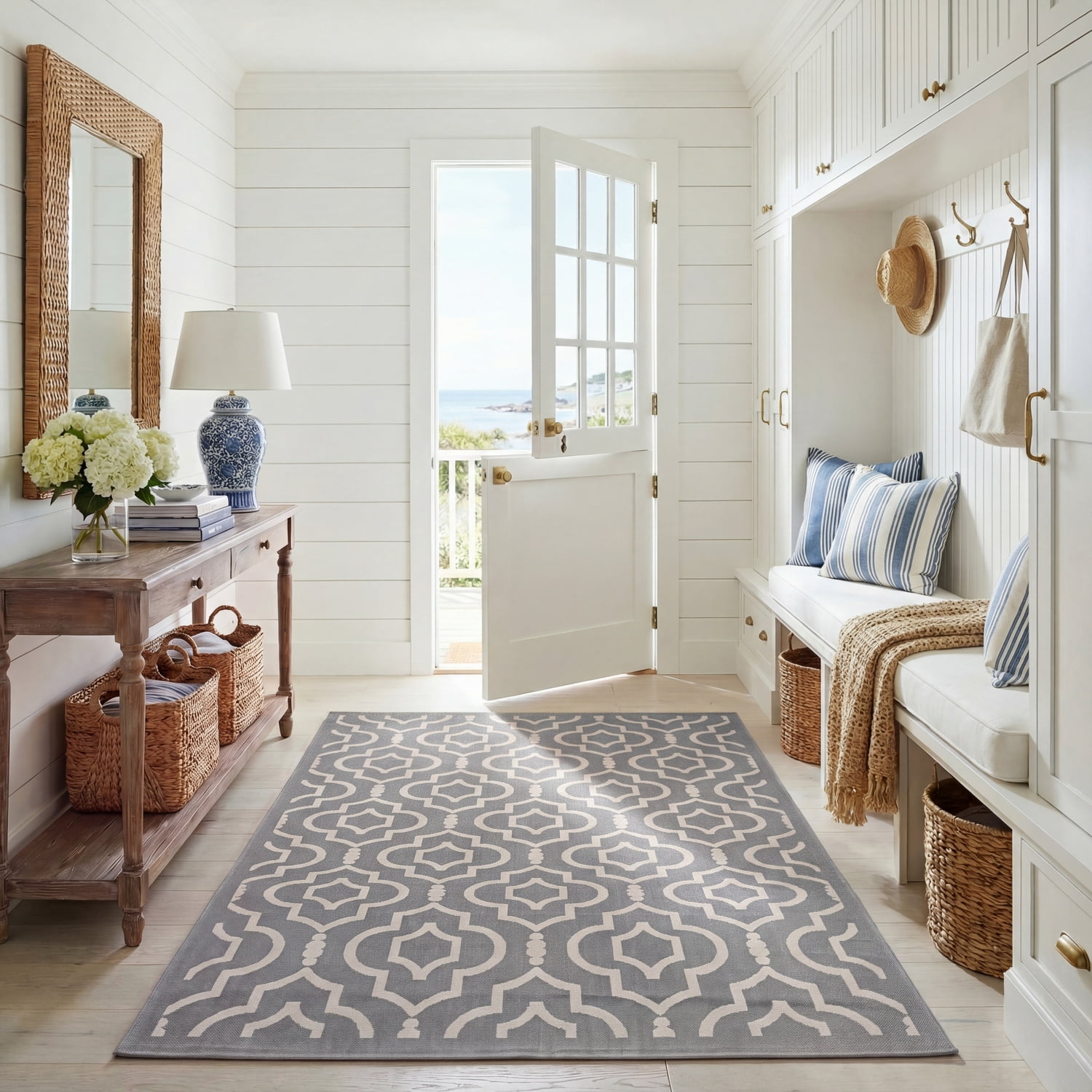 Safavieh Courtyard Lavern Geometric Indoor/Outdoor Area Rug, Anthracite/Beige, 5'3" x 7'7"