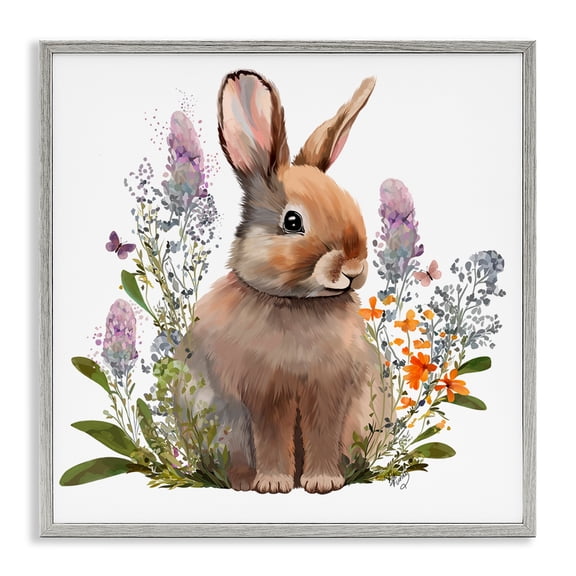 Stupell Industries Shabby Chic Brown Bunny with Florals Gray Framed Giclee Art, 17 x 17, by Fab Funky