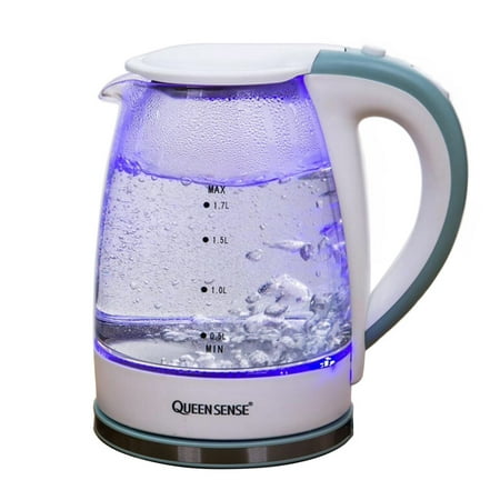 [Factory Store] QUEEN SENSE SpeedBoil Cordless Electric Kettle Glass Tea, Coffee Pot 1.7 Liter Cordless with LED Light, BPA-Free with Auto Shut-Off and Boil-Dry Protection