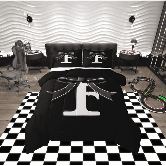 Erosebridal Kawaii Initial Letter Bedding Twin Comforter Set, Monogrammed F Down Comforter, Cool Ribbon Cow Reversible Comforters & Duvets, Ultra Soft Bedroom Decoration, 2pcs