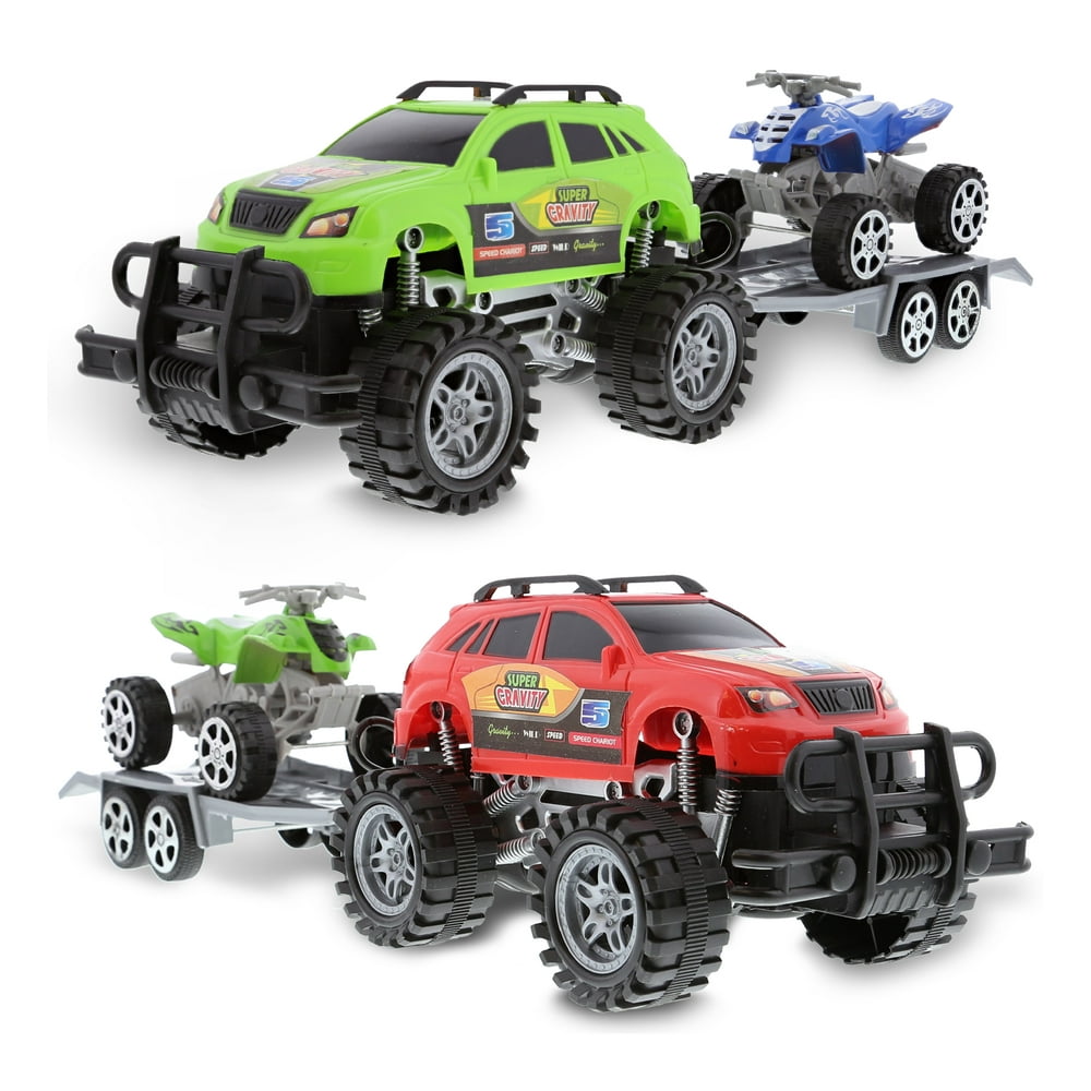 Mozlly Friction Powered Monster Trucks Car Toy SUV Towing ATV Toys Set