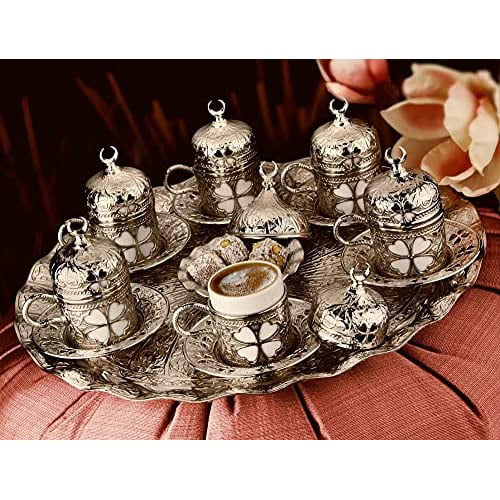 Men Coffee Cup for Women Porcelain Turkish Arabic Greek Coffee Set White/Gold LaModaHome Espresso Coffee Cup with Saucer and Lid Set of 6 Adults New Home Wedding Gifts 