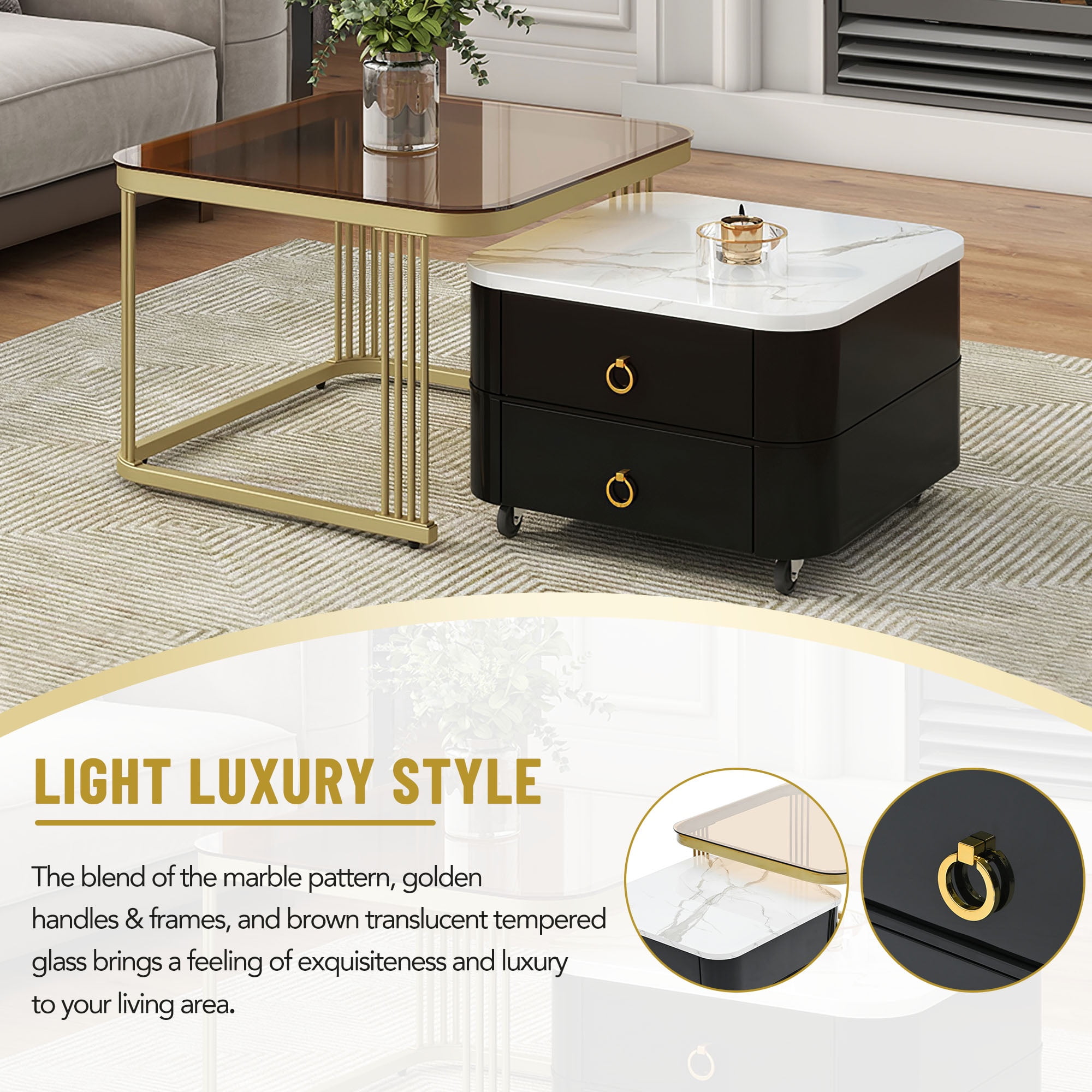 PORKISS 2-in-1 Nesting Coffee Table, Modern Square Coffee Table with Wheels and Drawers, Small Stacking Coffee Table with High Gloss Marble Grain Top and Tempered Glass for Living Room, Black/ Gold