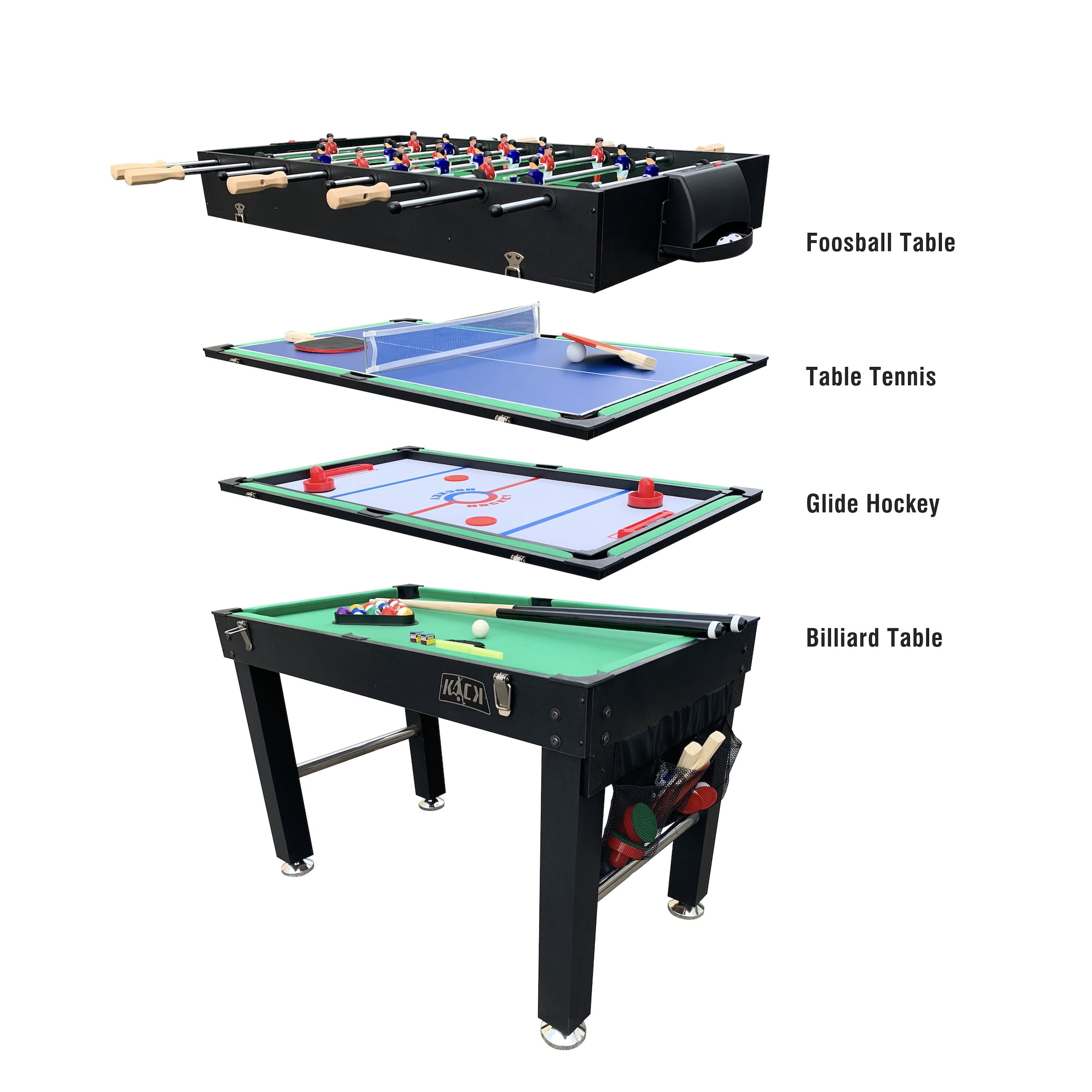 KICK Quad 48″ 4-in-1 Multi Game Table (Black) - Combo Game Table Set - Foosball, Billiards/Pool, Glide Hockey and Table Tennis for Home, Game Room, Friends and Family!