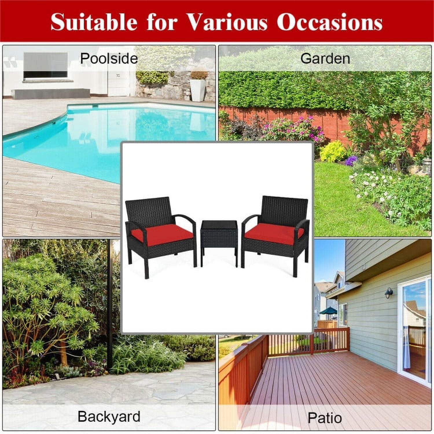 Aimee Lii 3 Pieces Outdoor Rattan Patio Conversation Set, Wicker Patio Furniture Set with Seat Cushions, Red