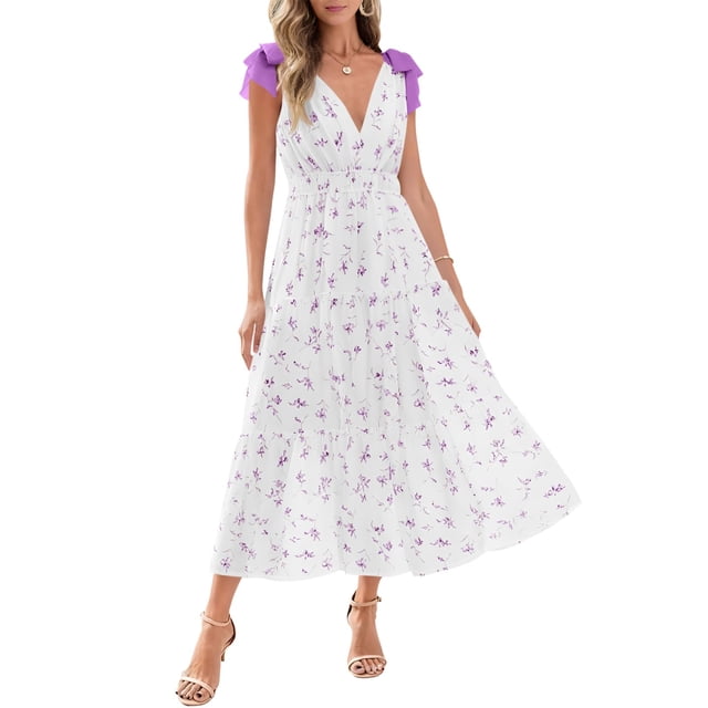 Vestido Wenrine Summer Floral Maxi con cuello en V sin mangas para mujer