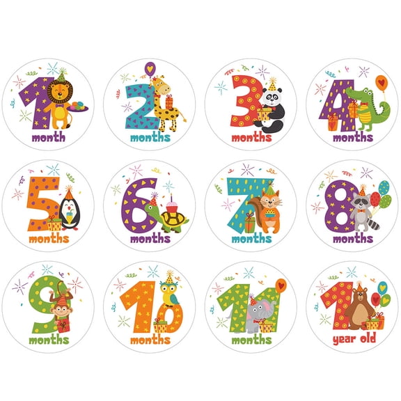 ZPAQI 12 Pcs/Set Cartoon Animal Baby Monthly Stickers Photography Commemorative Card Number Photo Props Milestone Memorial Month Stickers