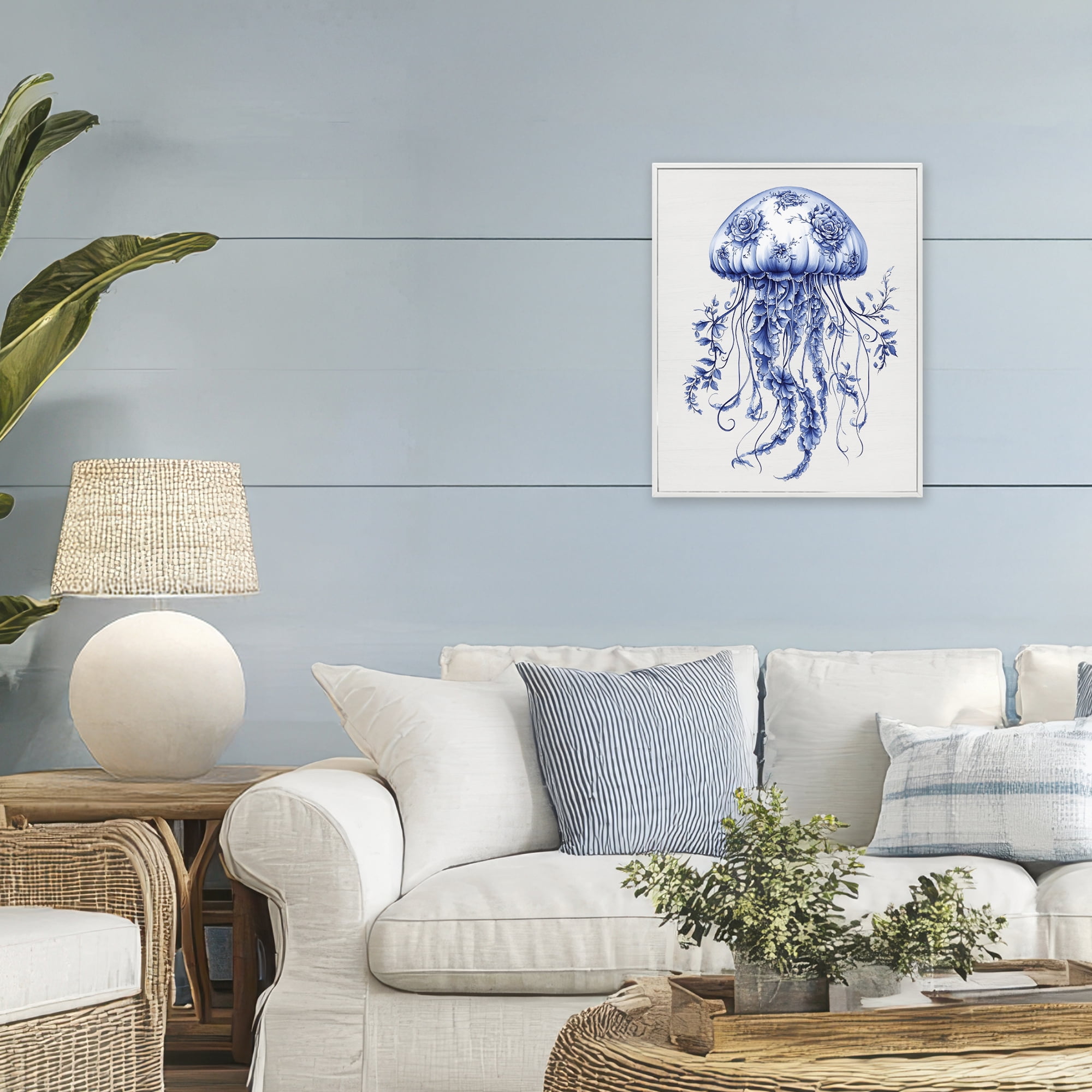 Funky Toile Jellyfish White Framed Giclee Art, design by Lettered and Lined