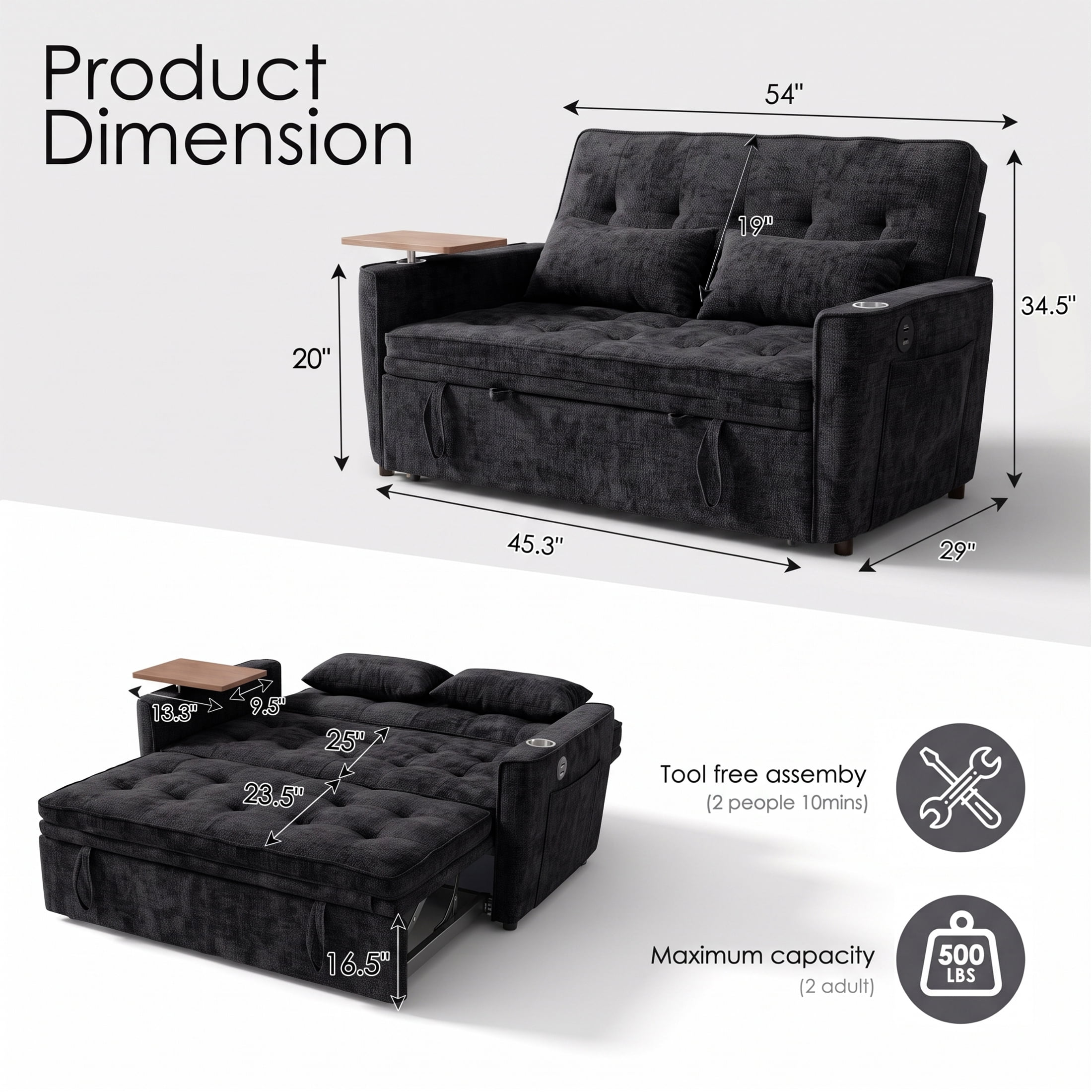 Xiweot 54" Convertible Sleeper Sofa Bed, Full Size Pull Out Couch with Adjustable Backrest, USB Ports & Cup Holder, Chenille Loveseat Sleeper for Apartment Living Room, Black