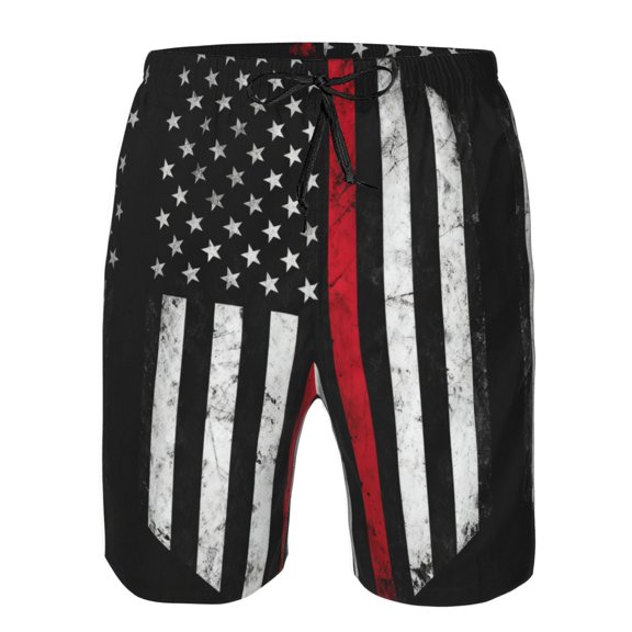 Mens Thin Red Firefighter Line Flag Boardshort Casual Drawstring Stretch Summer Beach Shorts XX-Large