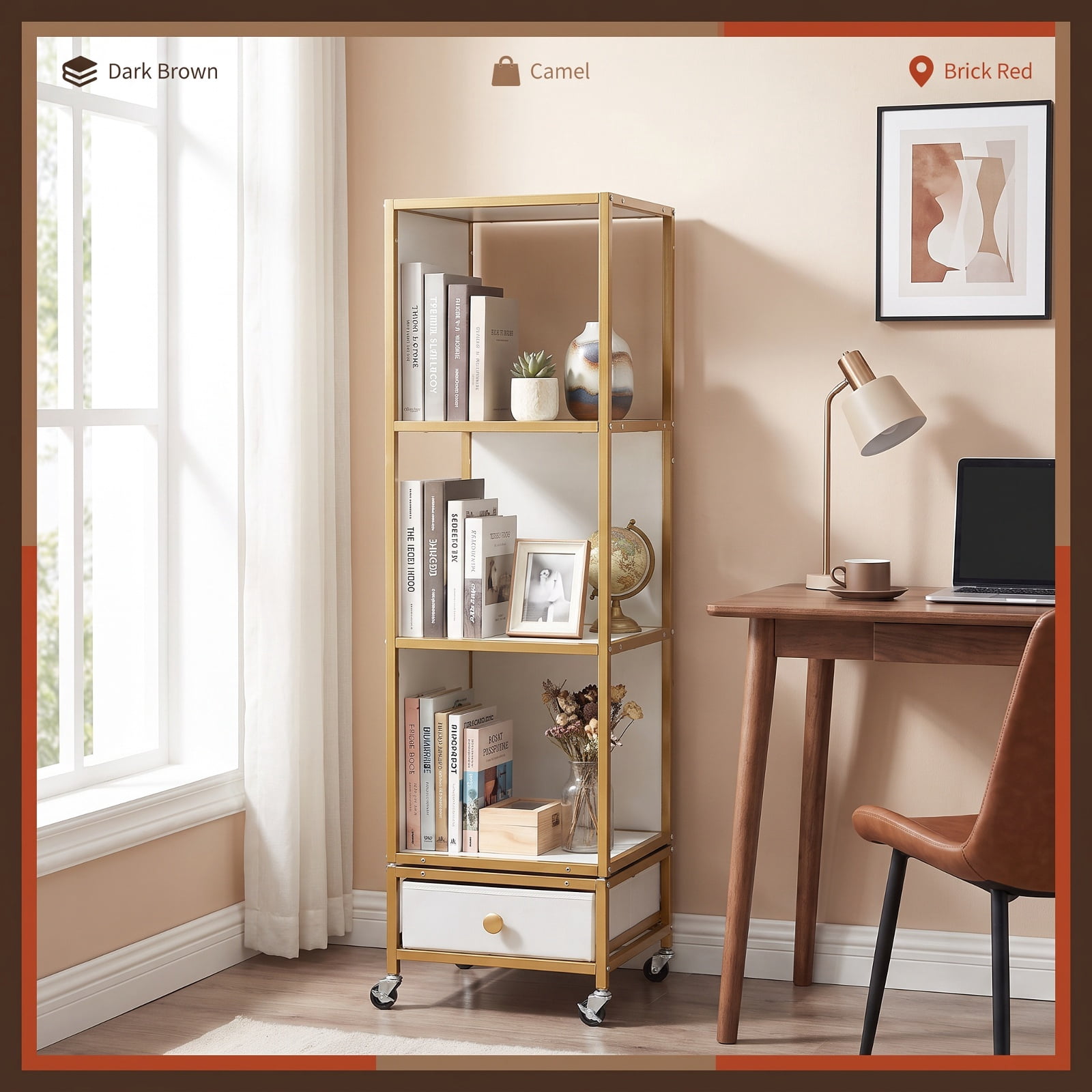 Furnibear 4-Tier Rotating Bookshelf on Wheels with Removable Drawer for Living Room Home Office Bedroom Display Storage Shelf, White