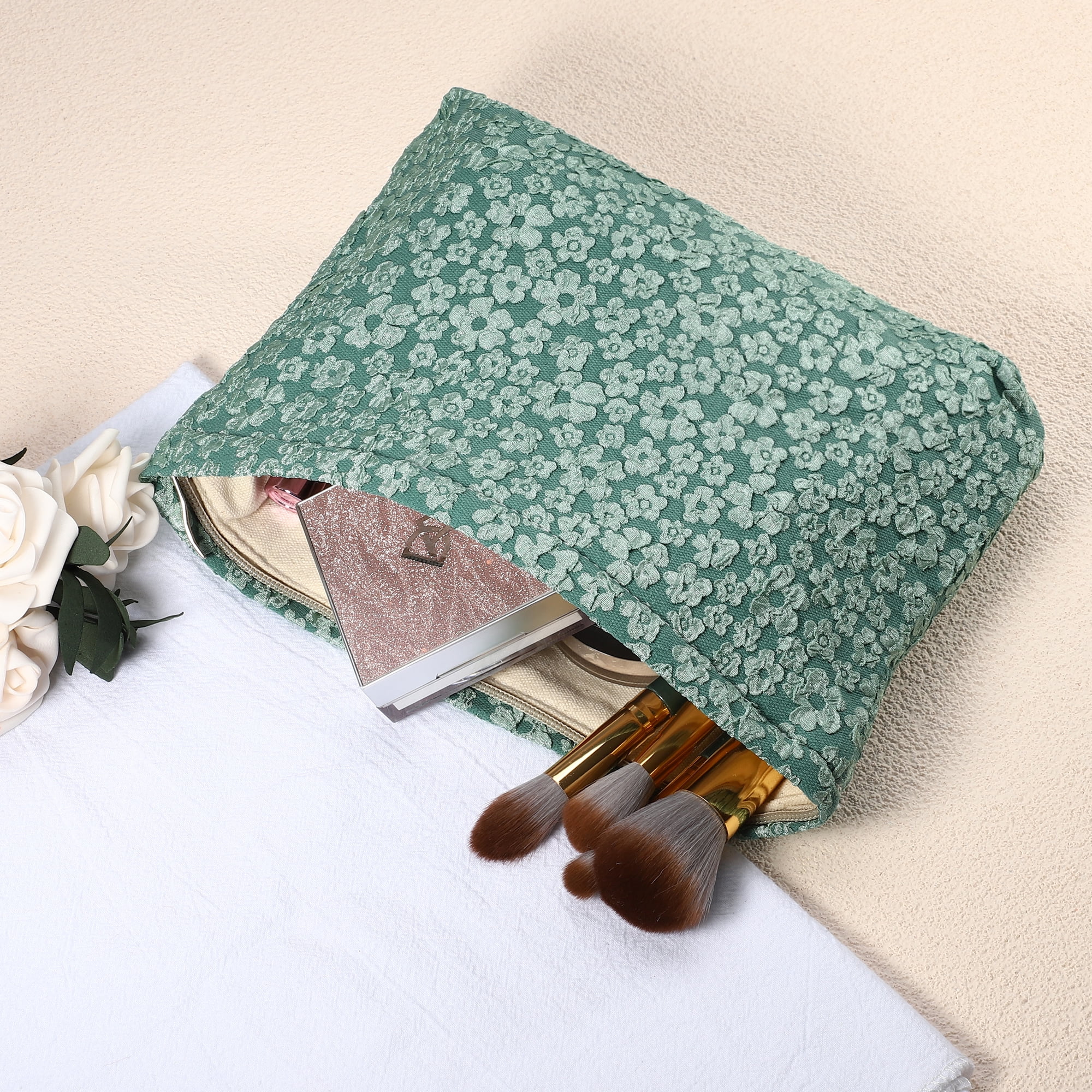 Unique Bargains Flower Cosmetic Bags Canvas Large Capacity Makeup Pouch Lipsticks Green