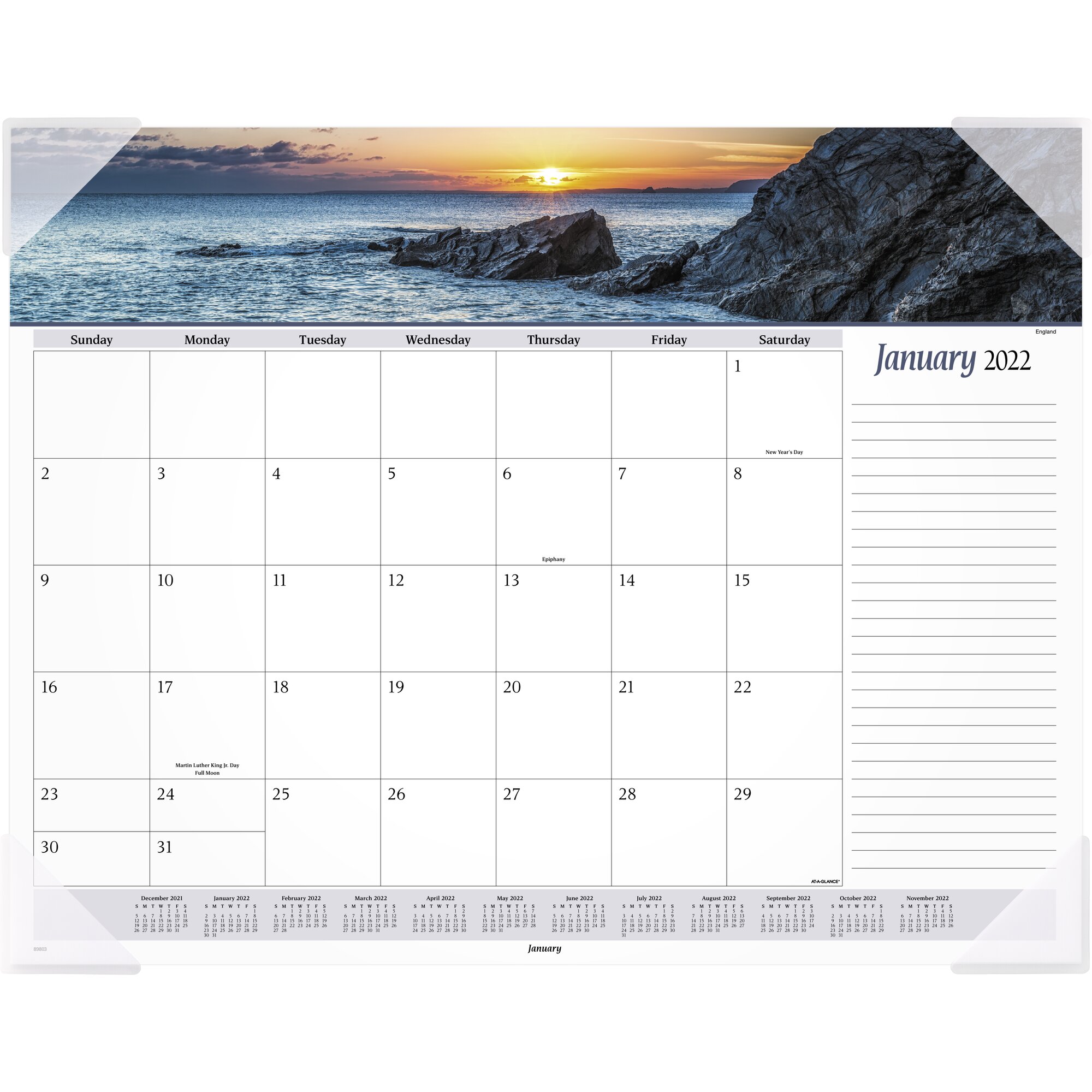 AT-A-GLANCE Seascape Panoramic Monthly Desk Pad, 21 3/4' x 17', January 2022 to December 2022 - 89803-22