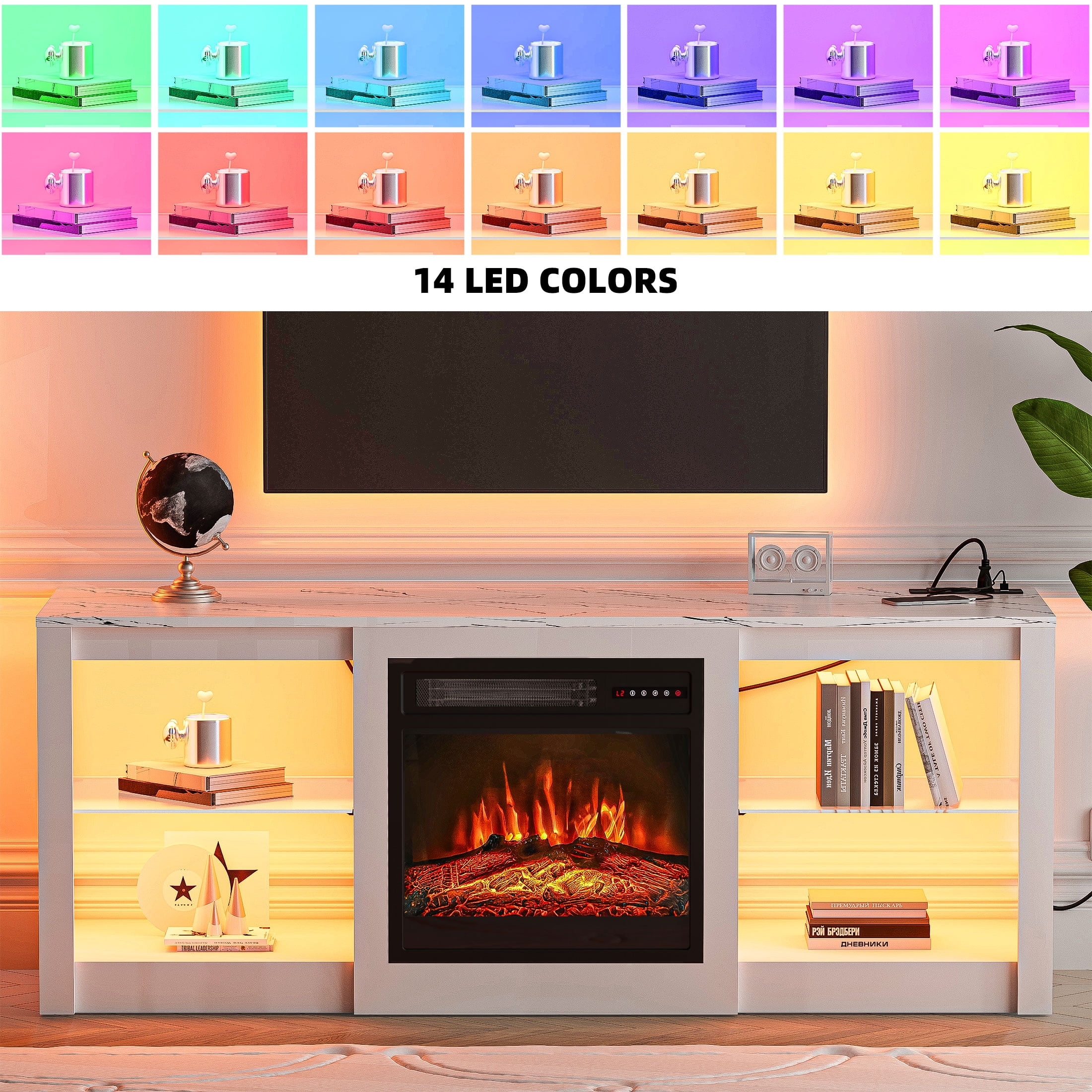 BREEZEHEAT Electric Fireplace TV Stand-Led Entertainment Center-58 inch TV Stand with 18" Electric Fireplace-Living Room Tv Cabinet with Storage for TVs up to 65"，Modern Media Console (White)