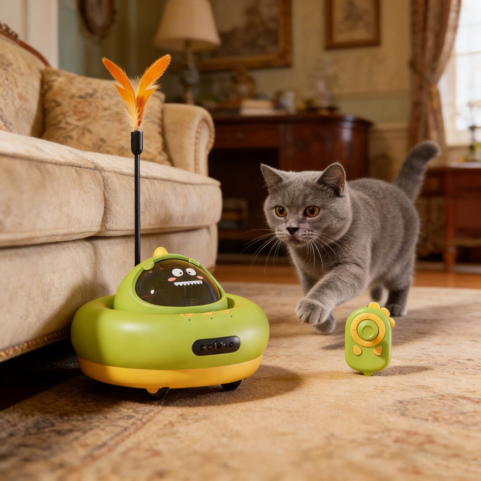 Interactive Smart Cat Automatic Food Dispensing Remote Control Toy For Indoor Play And Exercise(White-15.5Cm)