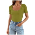 thumbnail image 2 of Lixiuxyad Women Short Sleeve Square Neck T Shirts Summer Slim Fitted Ribbed Knit Basic Casual Tee Tops Trendy Casual,Green M, 2 of 7