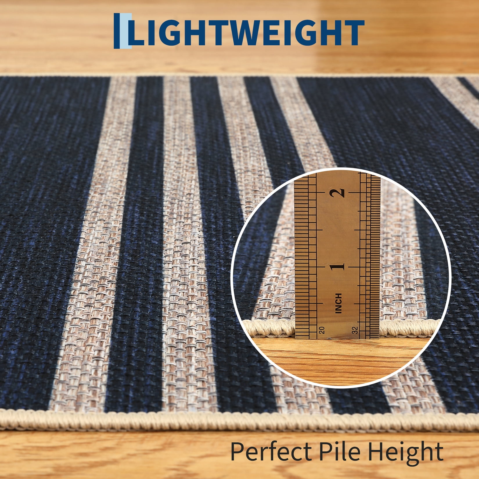 Hasoo Large Washable Rug 9' x 12' Area Rug for Living Room Easy Jute Striped Non-Slip Neutral Indoor/Outdoor Decor Carpet, Navy