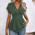 thumbnail image 2 of Annhoo Womens Tops Elegant V Neck Slim Pleated Solid Color Trendy Short Sleeve Shirts Casual Going Out Clothes, 2 of 6