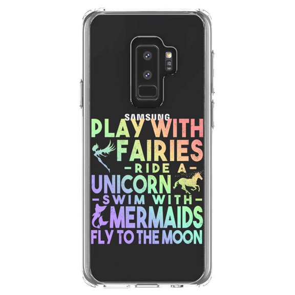 DistinctInk Clear Shockproof Hybrid Case for Samsung Galaxy S9+ PLUS (6.2" Screen) - TPU Bumper Acrylic Back Tempered Glass Screen Protector - Play With Fairs Ride Unicorn Mermaids Moon