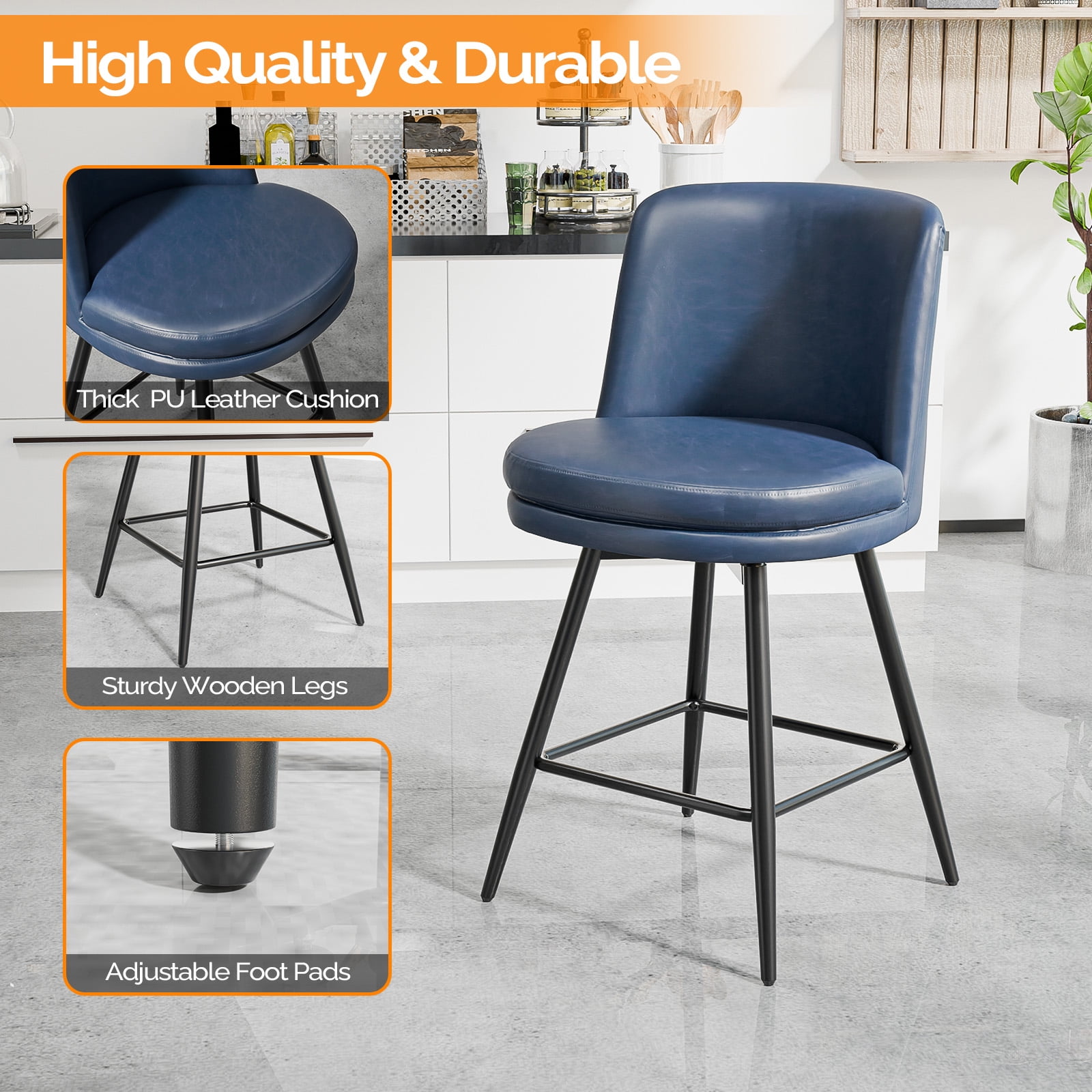 Zimtown Modern Barstools Set of 2, 26" Counter Height Swivel Bar Stools Set with Cushion for Kitchen Island, Dining Room, Bar Chairs, Dark Blue