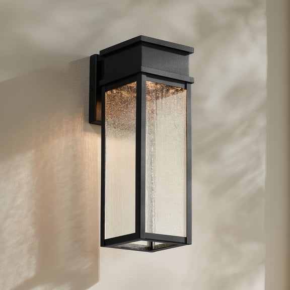 John Timberland Sintef 14 1/4" High Modern Outdoor Wall Light Fixture Mount Porch House LED Bulb Sand Black Finish Glass Shade