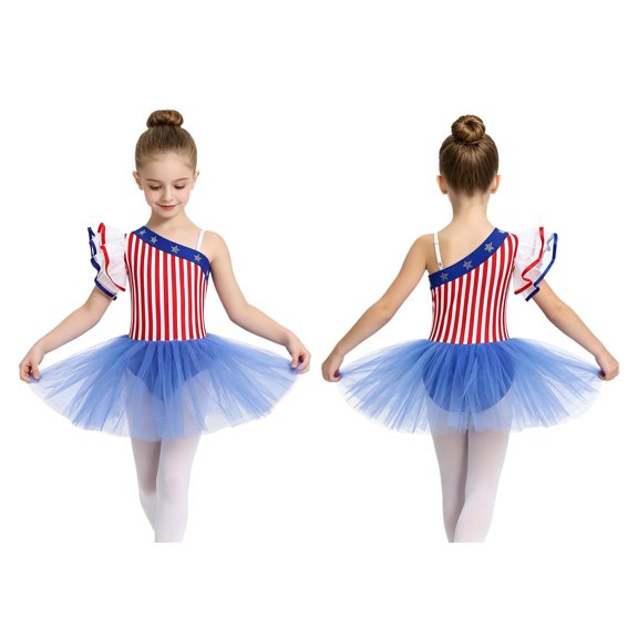 iiniim Girls Dance One Shoulder Ruffle Sleeve Festival Dancewear Stage Performance Ballet Tutu Dress Red White Blue 8