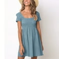 thumbnail image 2 of ZZwxWA Casual Summer Dresses for Women Ruched Elastic Waist Knee Length Dresses Solid Color Short Sleeve Square Neck Dress Holiday Beach, 2 of 7