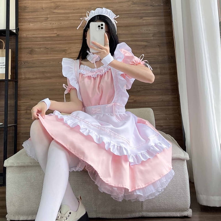 pink frilly maid dress Cute Pink Black Lolita Cosplay Ruffle Maid Dress Sugarplum Store