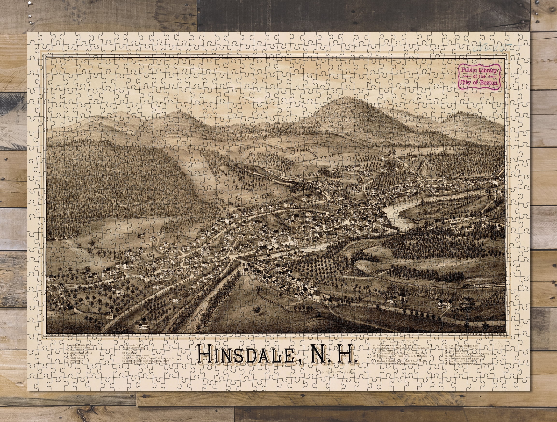 1000 piece puzzle1886 MapTitle Hinsdale, N.HNotes Bird'seye view