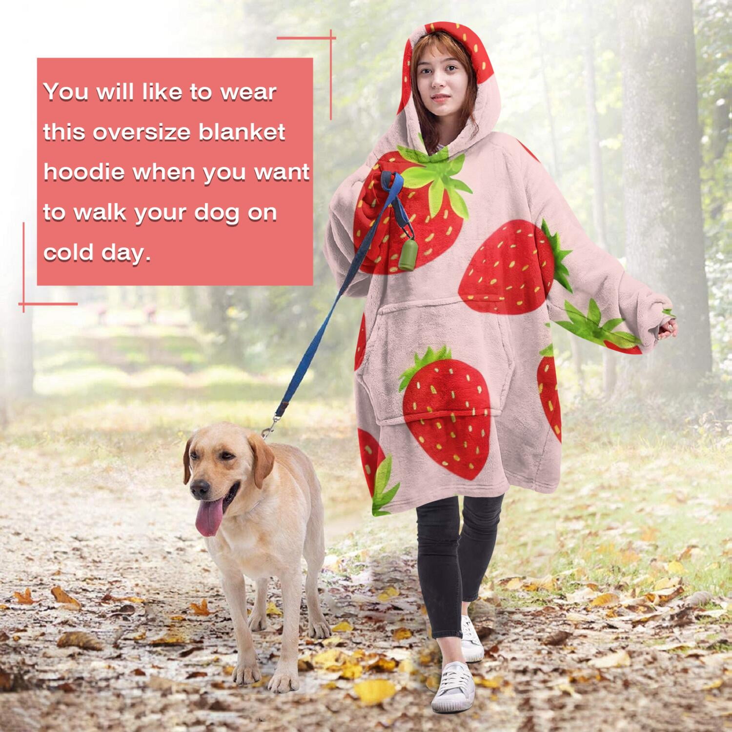 Red Strawberry Plants Fruit Pink Pattern Wearable Oversized Blanket,Wearable Blanket Hoodie for Adults,Cozy Hooded Blankets with Super Pockets,Super Warm Fuzzy Pullover for Women & Men